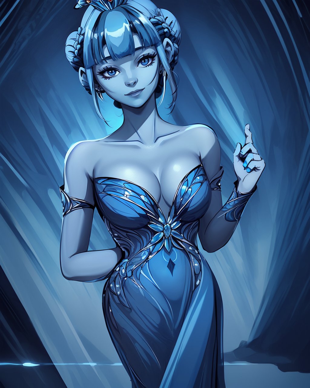 Closeup: (A beautiful blue-skinned alien princess greets the viewer. She stands gracefully, wearing an elegant evening gown. Blue hair in an updo style with bangs: 1.8),

Setting: crystal cavern, mid-century-modern aesthetic, acid-trip, psychedelia, (1960's modern art: 1.2), (((three-quarter view, oblique view))), ((((single figure, single face)))).

(((Monochromatic blue))), (((Zoom to figure, crop to figure))), High-resolution, masterpiece, polished, shimmering, tight-focus, vivid, (((((asymmetrical composition, off-center figure, off-center subject, rule-of-thirds composition, interesting composition)))))