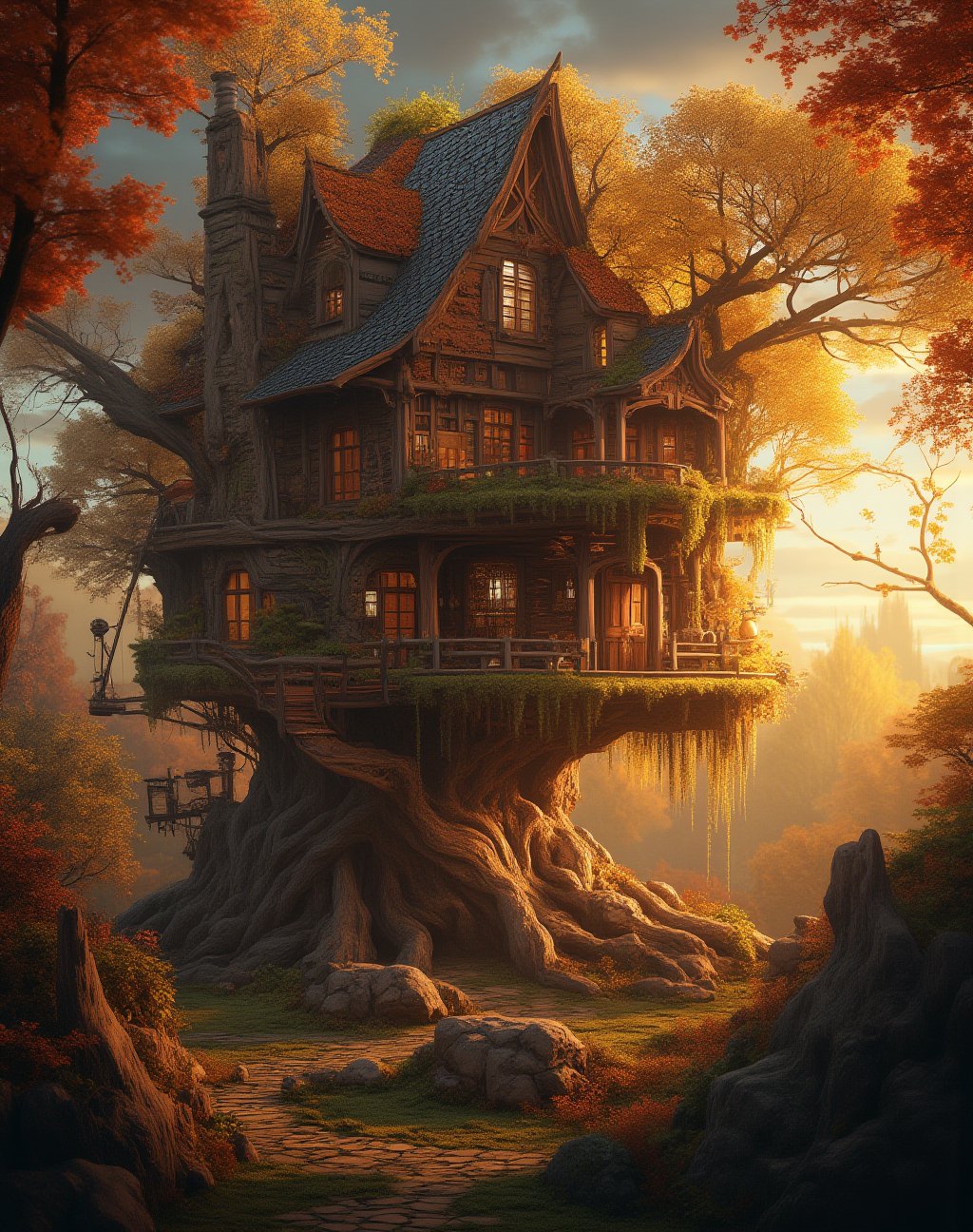 Elaborate tree house, whimsical, (((escher_space))), fantasy lighting, architectural, autumn leaves, beautiful evening sunlight, golden hour lighting, Geometric composition