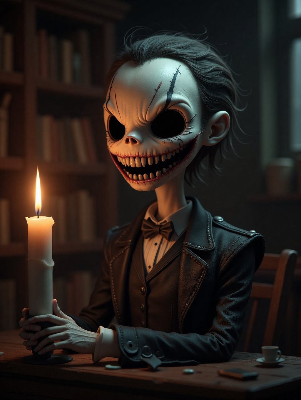 anthropomorphic lit candle, evil grin, empty black eyes, empty black mouth, victorian library setting, CozySpookyStyle, spookbyte