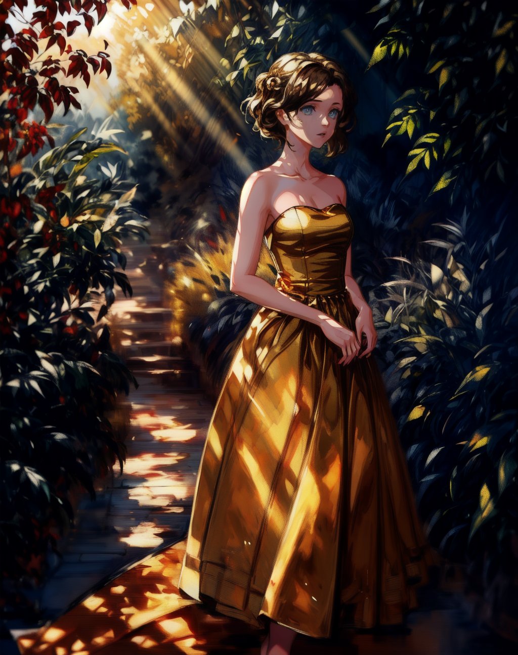 a young girl stands in a courtyard at dusk, the evening light streaming through the autumn trees. she wears a strapless form-fitting evening gown, gazing upward forlornly. ((((level horizon)))), (golden-hour lighting: 1.6),