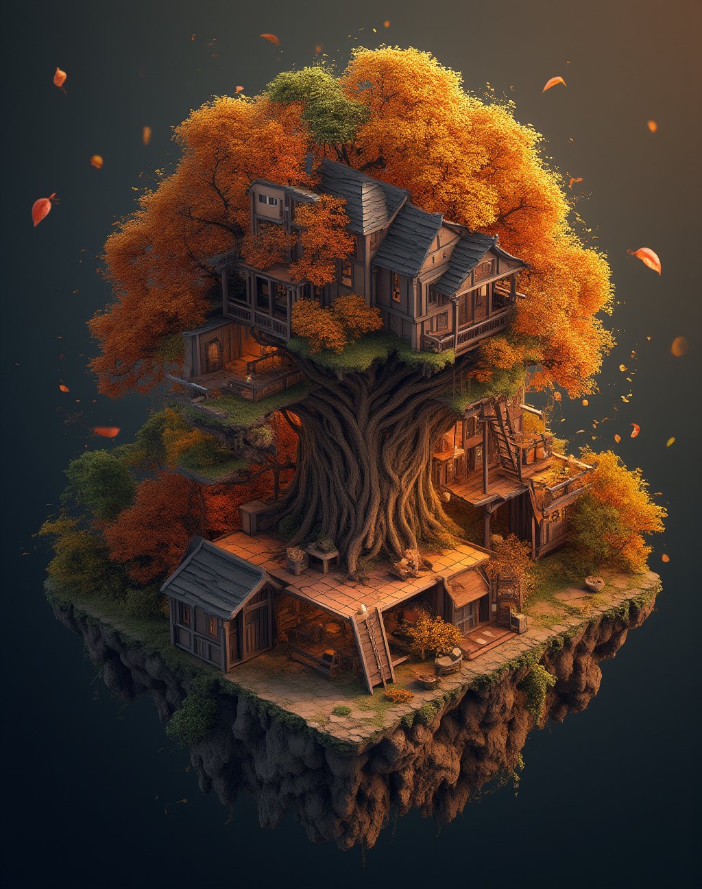 Elaborate tree house, isometric viewpoint, ((((escher_space, style of escher)))), architectural, autumn leaves, beautiful evening sunlight, golden hour lighting, Geometric composition, noc-isometric