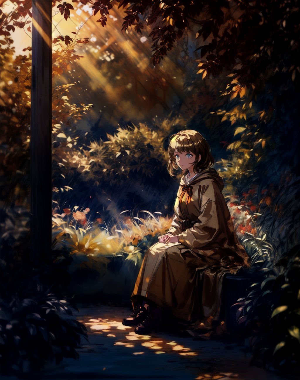 a young girl sits in a courtyard at dusk, the evening light streaming through the autumn trees. she wears a cloak, gazing upward forlornly. ((((level horizon)))), (golden-hour lighting: 1.6),