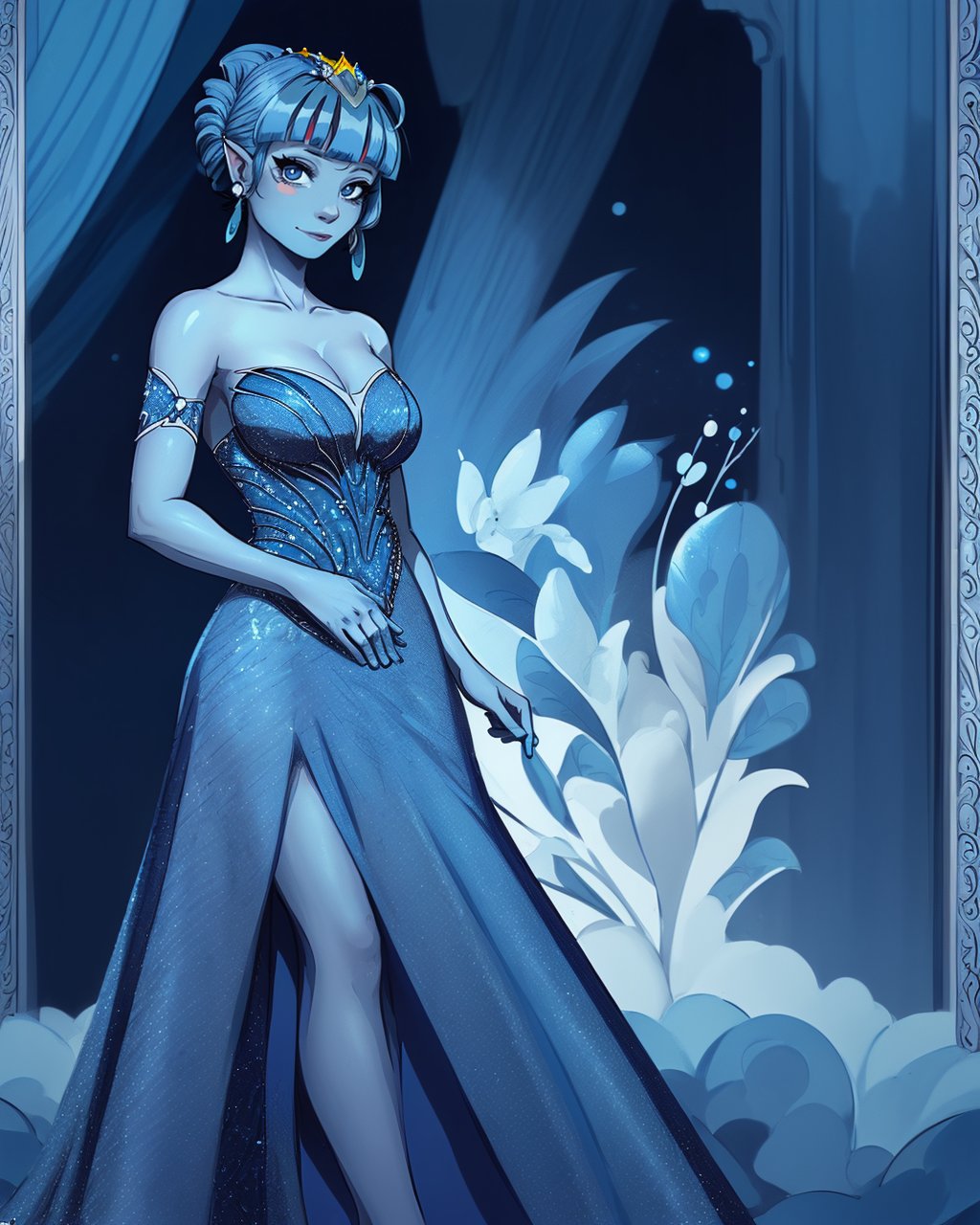 Closeup: (A beautiful blue-skinned alien princess greets the viewer. She stands gracefully, wearing an elegant evening gown. Blue hair in an updo style with bangs: 1.8),

Setting: crystal cavern, mid-century-modern aesthetic, acid-trip, psychedelia, (1960's modern art: 1.2), (((three-quarter view, oblique view))), ((((single figure, single face)))).

(((Monochromatic blue))), (((Zoom to figure, crop to figure))), High-resolution, masterpiece, polished, shimmering, tight-focus, vivid, (((((asymmetrical composition, off-center figure, off-center subject, rule-of-thirds composition, interesting composition)))))