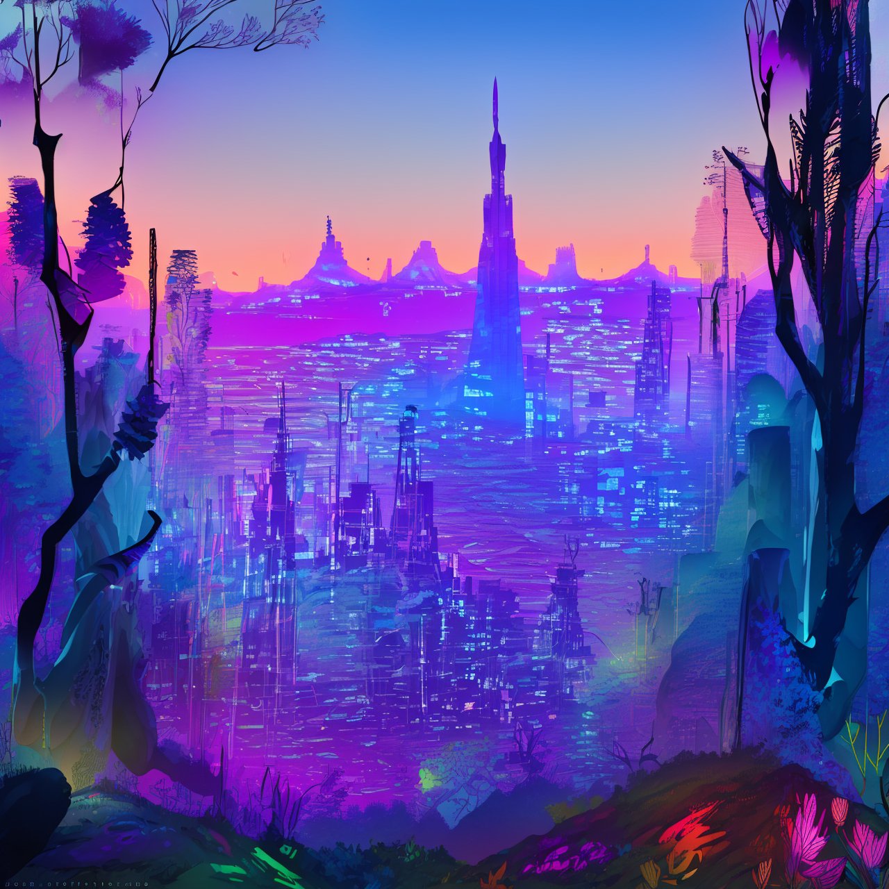 ((towering skyline)), modern architecture, ((alien sky)), mid-century aesthetic, acid-trip, psychedelia, (1960's modern art: 1.7).

High-resolution, masterpiece, polished, shimmering, tight-focus, vivid, ((asymmetrical composition))