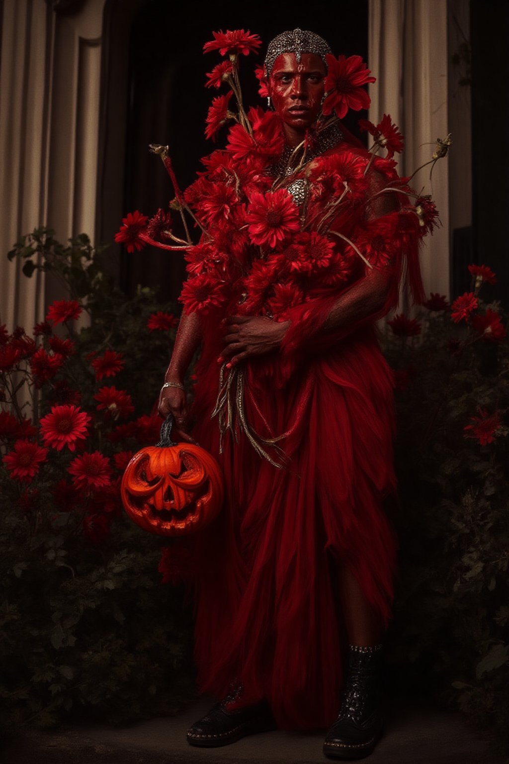 a fashion photography.slightly muscular young man.full-portrait.distance shot.artistic Fashionable crimson draping haute-couture resembling a dahlia-flower. Exquisite jewelry headpiece. long wiggly petals. Holding a jack-o-lantern with candies and a bouquet of dark-crimson dahlias atop curvy stems. black leather boots. at the front door of a opulent house with a yard with many rampant dark colored flowers. trick-or-treat. balanced composition. mysterious night. warm light. bokeh.,ABMhauntedVibe,