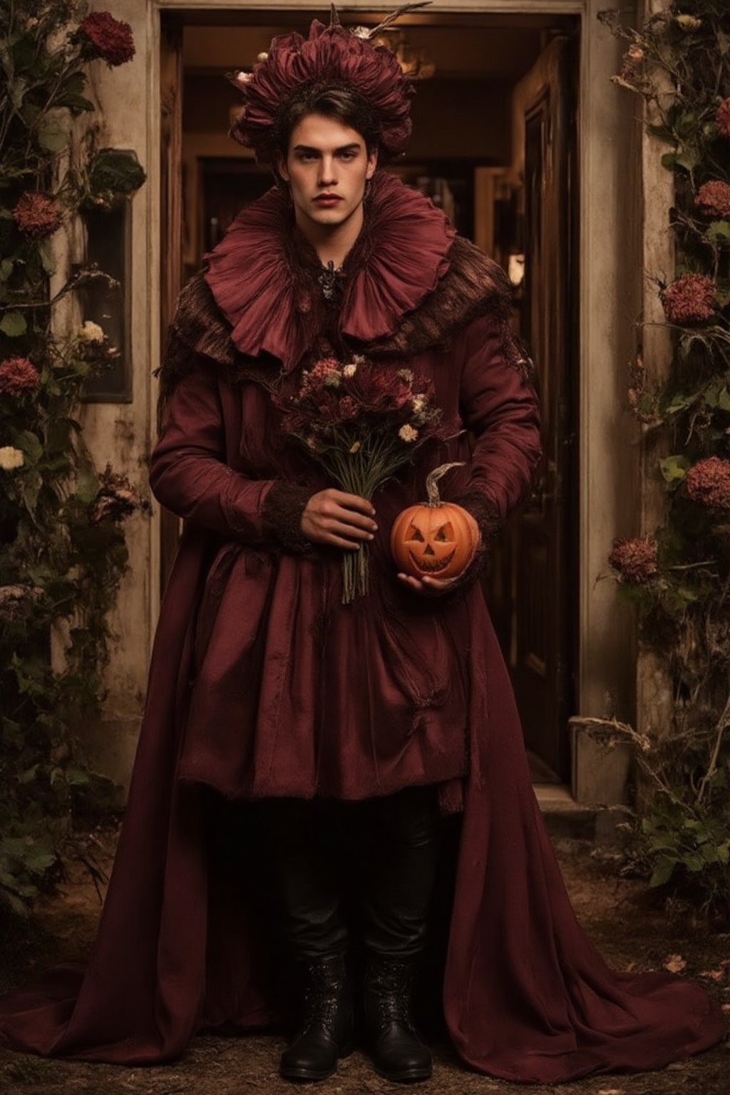 a fashion photography.slightly muscular young man with pale skin elegant pose.full-portrait.distance shot.artistic Fashionable dark-maroon phantom-like blackish-crimson draping haute-couture resembling a dahlia-flower with long petals. Exquisite jewelry headpiece. long wiggly petals. Holding a jack-o-lantern with candies and a bouquet of dark-crimson dahlias atop curvy stems. black leather boots. at the front door of a opulent house with a yard with many rampant dark colored flowers. trick-or-treat. balanced composition. mysterious night. warm light. bokeh.,ABMhauntedVibe,Sparkle Glowing,aidmaabdhr,Grosteque Fairytale Art, dark and eerie atmosphere.