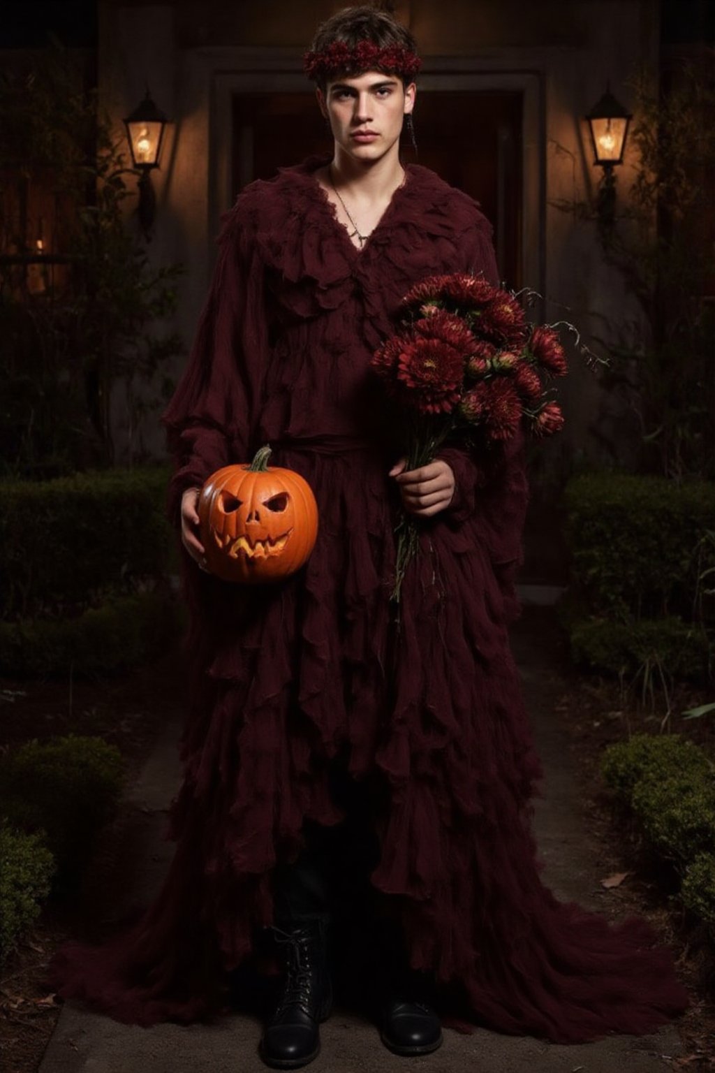 a fashion photography.slightly muscular young man with pale skin elegant pose.full-portrait.distance shot.artistic Fashionable dark-maroon phantom-like blackish-crimson draping haute-couture resembling a dahlia-flower with long petals. Exquisite jewelry headpiece. long wiggly petals. Holding a jack-o-lantern with candies and a bouquet of dark-crimson dahlias atop curvy stems. black leather boots. at the front door of a opulent house with a yard with many rampant dark colored flowers. trick-or-treat. balanced composition. mysterious night. warm light. bokeh.,ABMhauntedVibe,Sparkle Glowing,aidmaabdhr