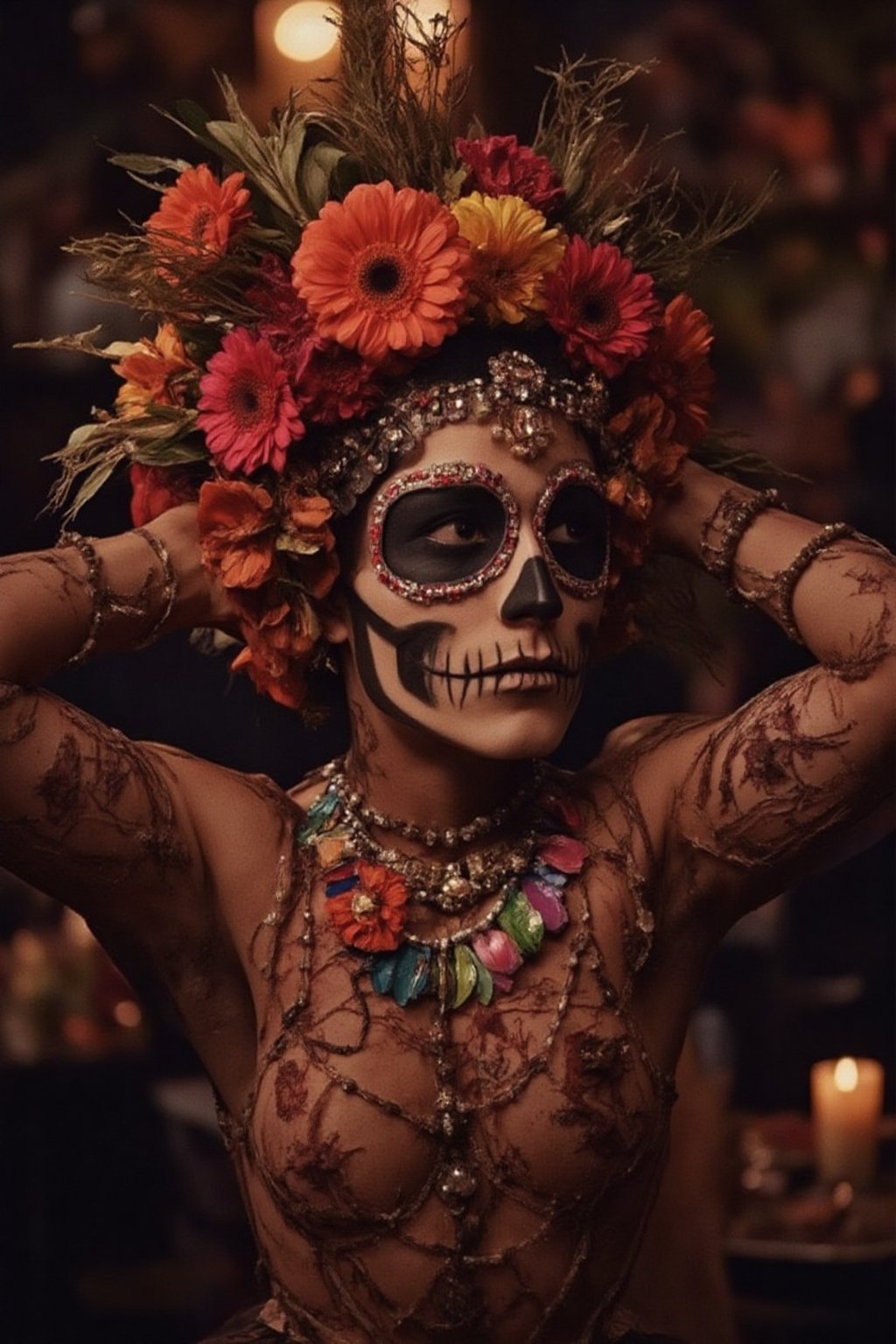 Prompt: a fashion photography.men dancing. full-portrait. Vibrant bejeweled colorful costume decorated with many marigolds and shiny jewelry skeleton makeup. Headpiece of zinnias and marigolds. colorful shiny jewelry. balanced composition. mysterious. bokeh. warm candle lights. dia-de-los-muertos party.,ABMhauntedVibe,Grosteque Fairytale Art