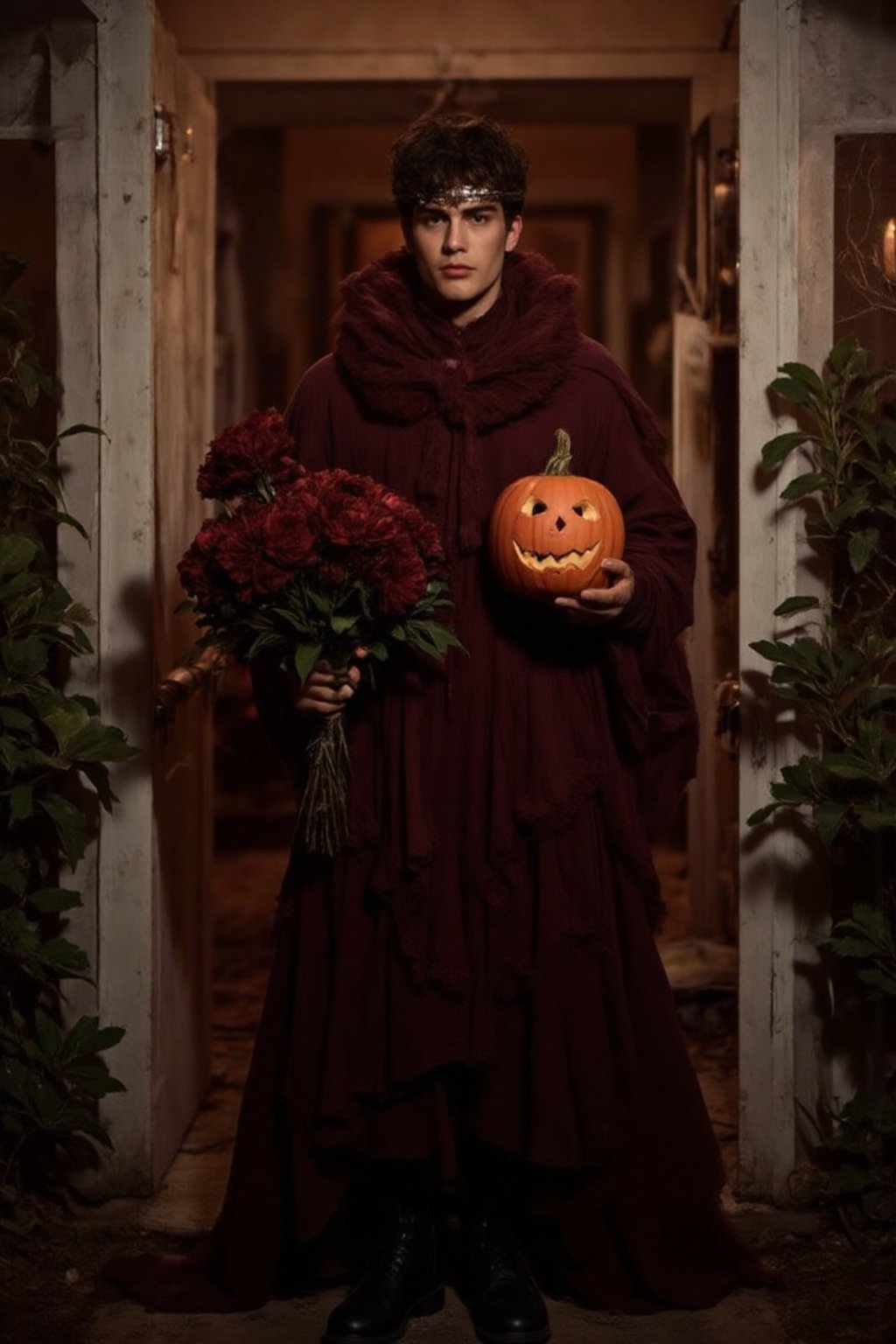 a fashion photography.slightly muscular young man with pale skin elegant pose.full-portrait.distance shot.artistic Fashionable dark-maroon phantom-like blackish-crimson draping haute-couture resembling a dahlia-flower with long petals. Exquisite jewelry headpiece. long wiggly petals. Holding a jack-o-lantern with candies and a bouquet of dark-crimson dahlias atop curvy stems. black leather boots. at the front door of a opulent house with a yard with many rampant dark colored flowers. trick-or-treat. balanced composition. mysterious night. warm light. bokeh.,ABMhauntedVibe,Sparkle Glowing,aidmaabdhr