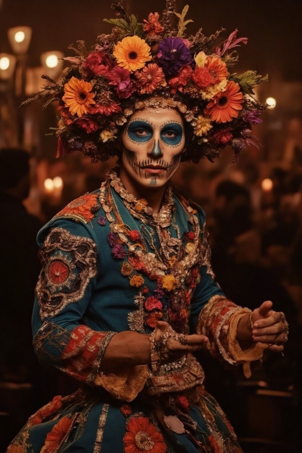 a fashion photography.men dancing. full-portrait. Vibrant bejeweled colorful costume decorated with many marigolds and skeleton makeup. Headpiece of zinnias and marigolds. balanced composition. mysterious. bokeh. warm candle lights. dia-de-los-muertos party. 