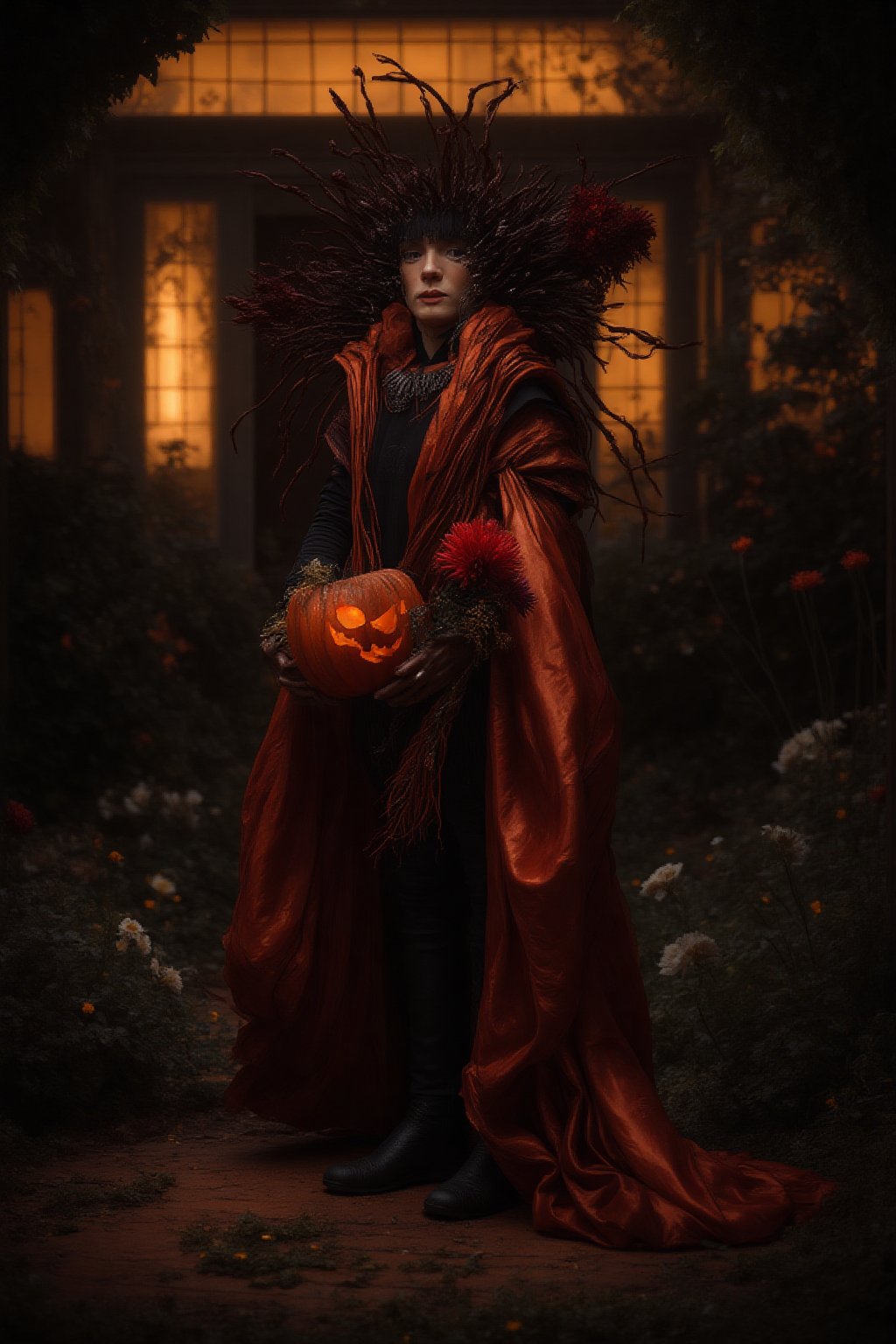 a fashion photography.slightly muscular young man.full-portrait.distance shot.artistic Fashionable draping haute-couture resembling a dahlia-flower. Exquisite jewelry headpiece. long wiggly petals. Holding a jack-o-lantern with candies and a bouquet of dark-crimson dahlias atop curvy stems. black leather boots. at the front door with a yard with many dark color flowers. trick-or-treat. balanced composition. mysterious night. warm light. bokeh.,ABMhauntedVibe,Fantasy Regal Artgem