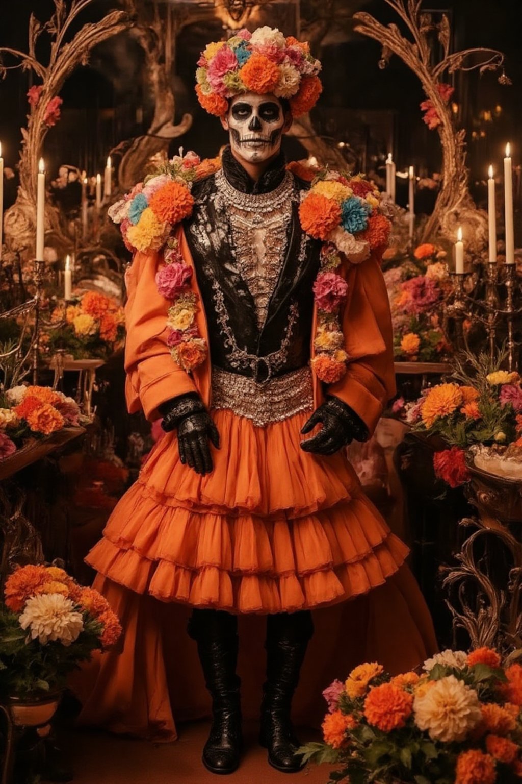 photography. man elegant pose. shiny costume. Vibrant bejeweled colorful costume decorated with many marigolds and layered ruffles skirt resembling an orange marigold. shiny boots. skeleton makeup. Headpiece of zinnias and marigolds. pose among abundant still life display of marigolds and balanced composition. mysterious. bokeh. warm candle lights. dia-de-los-muertos party. man in costumes. fireworks.,ABMhauntedVibe,Grosteque Fairytale Art,Grosteque Fairytale Art,FuturEvoLabRoom