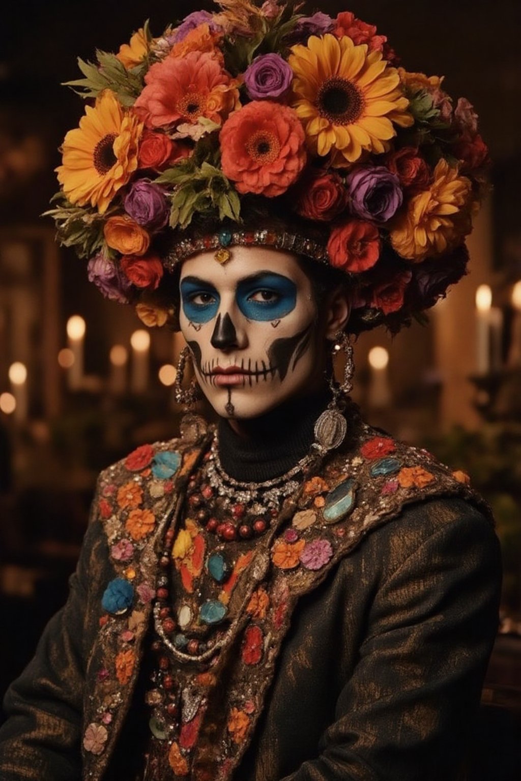 Prompt: a fashion photography.men dancing. full-portrait. Vibrant bejeweled colorful costume decorated with many marigolds and shiny jewelry skeleton makeup. Headpiece of zinnias and marigolds. colorful shiny jewelry. balanced composition. mysterious. bokeh. warm candle lights. dia-de-los-muertos party.,ABMhauntedVibe,Grosteque Fairytale Art