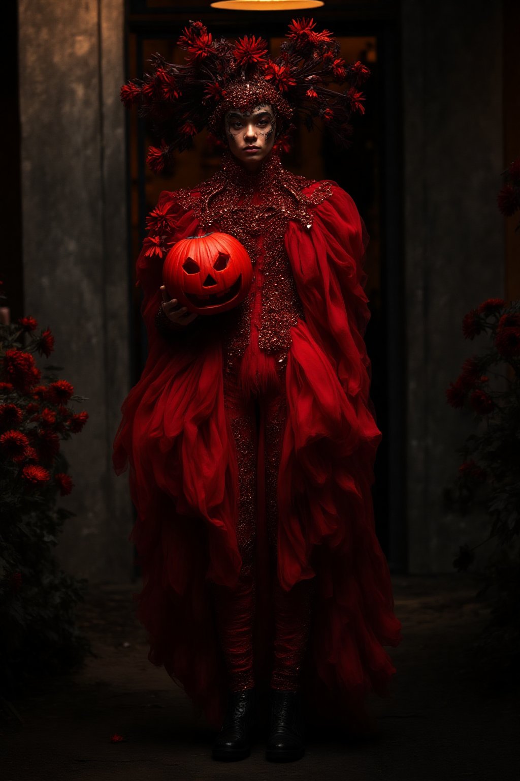 a fashion photography.slightly muscular young man.full-portrait.distance shot.artistic Fashionable crimson draping haute-couture resembling a dahlia-flower. Exquisite jewelry headpiece. long wiggly petals. Holding a jack-o-lantern with candies and a bouquet of dark-crimson dahlias atop curvy stems. black leather boots. at the front door with a yard with many dark color flowers. trick-or-treat. balanced composition. mysterious night. warm light. bokeh.,ABMhauntedVibe,