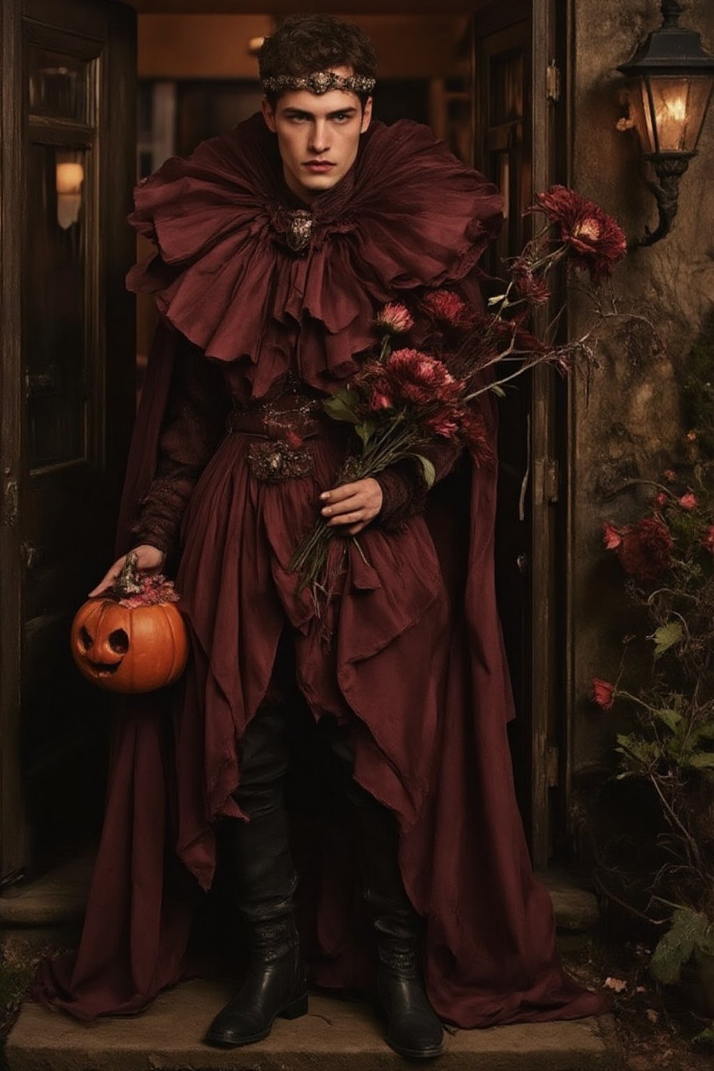 a fashion photography.slightly muscular young man with pale skin elegant pose.full-portrait.distance shot.artistic Fashionable dark-maroon phantom-like blackish-crimson draping haute-couture resembling a dahlia-flower with long petals. Exquisite jewelry headpiece. long wiggly petals. Holding a jack-o-lantern with candies and a bouquet of dark-crimson dahlias atop curvy stems. black leather boots. at the front door of a opulent house with a yard with many rampant dark colored flowers. trick-or-treat. balanced composition. mysterious night. warm light. bokeh.,ABMhauntedVibe,Sparkle Glowing,aidmaabdhr,Grosteque Fairytale Art 