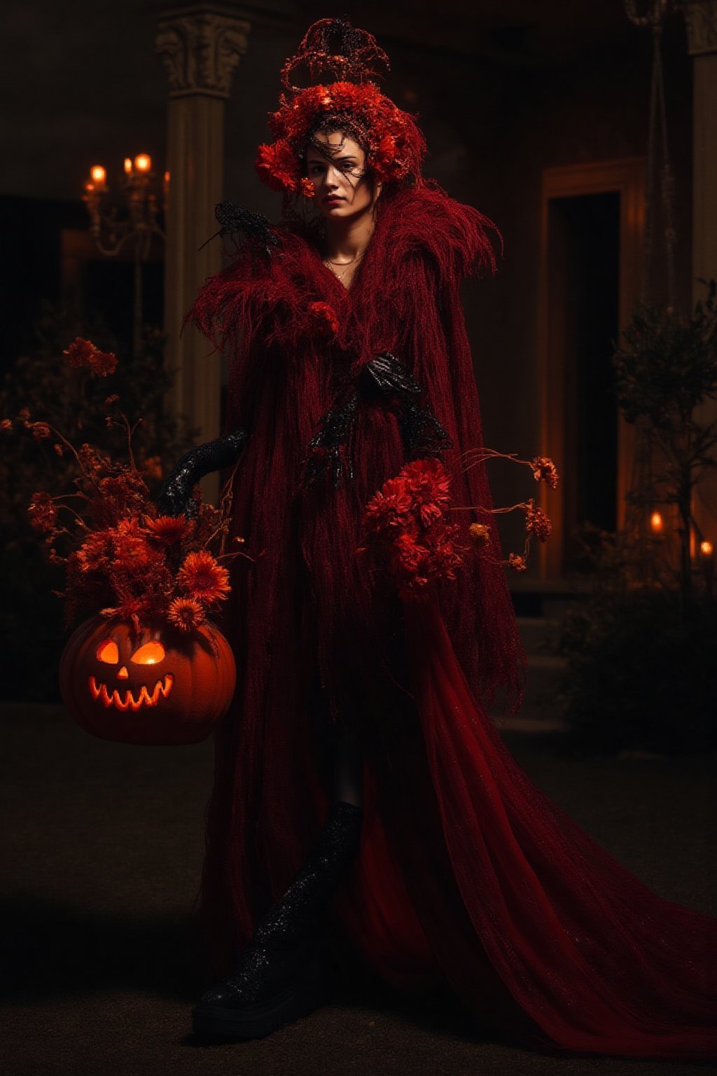 a fashion photography.slightly muscular young man elegant pose.full-portrait.distance shot.artistic Fashionable dark-maroon crimson draping haute-couture resembling a dahlia-flower with long petals. Exquisite jewelry headpiece. long wiggly petals. Holding a jack-o-lantern with candies and a bouquet of dark-crimson dahlias atop curvy stems. black leather boots. at the front door of a opulent house with a yard with many rampant dark colored flowers. trick-or-treat. balanced composition. mysterious night. warm light. bokeh.,ABMhauntedVibe,