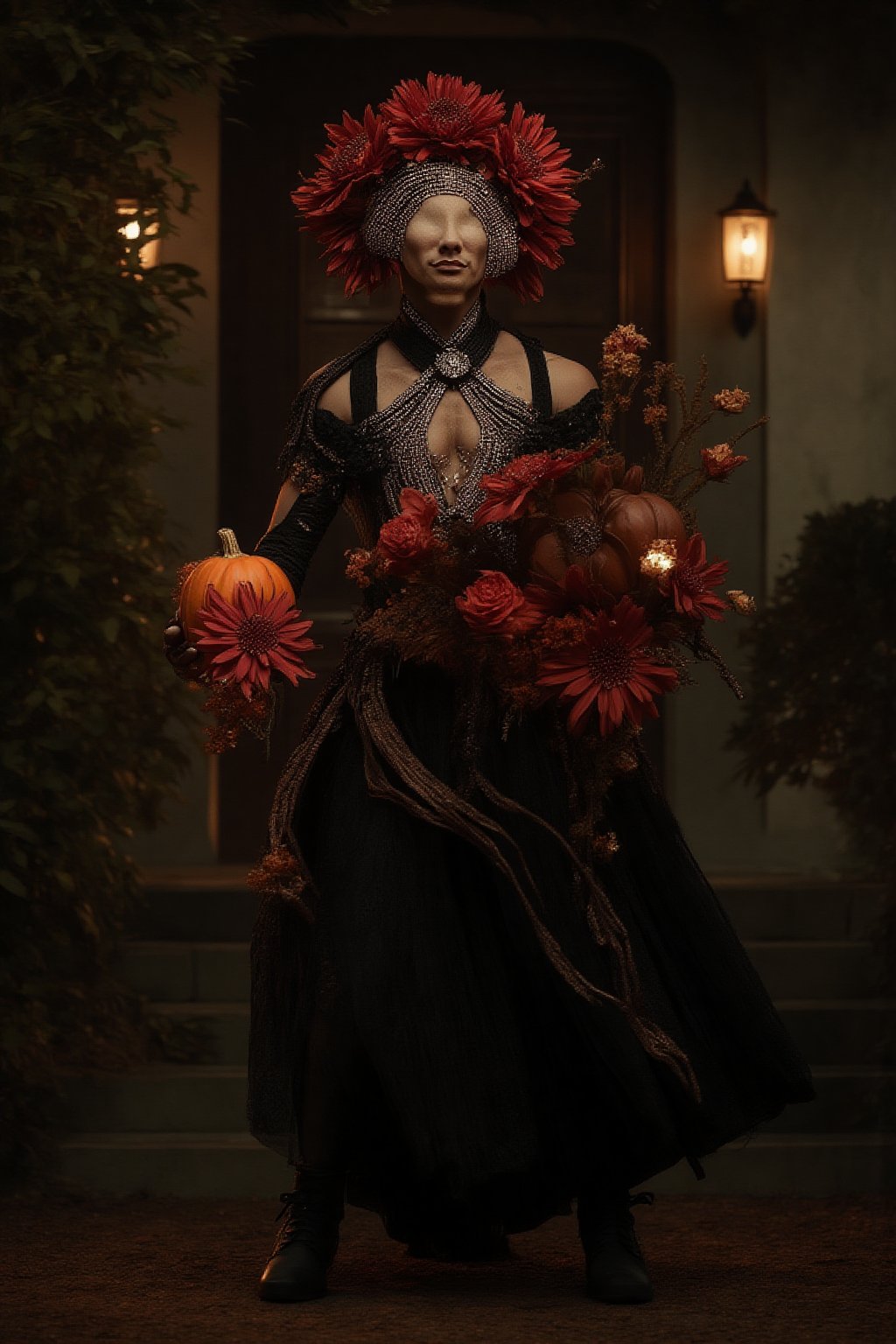 a fashion photography.slightly muscular man.walking.full-portrait.distance shot.artistic Fashionable draping haute-couture resembling a dahlia-flower. Exquisite jewelry headpiece. long wiggly petals. Holding a jack-o-lantern with candies and a bouquet of dark-crimson dahlias atop curvy stems. black leather boots. at the front door with a yard with many dark color flowers. trick-or-treat. balanced composition. mysterious night.  bokeh.,ABMhauntedVibe,Fantasy Regal Artgem