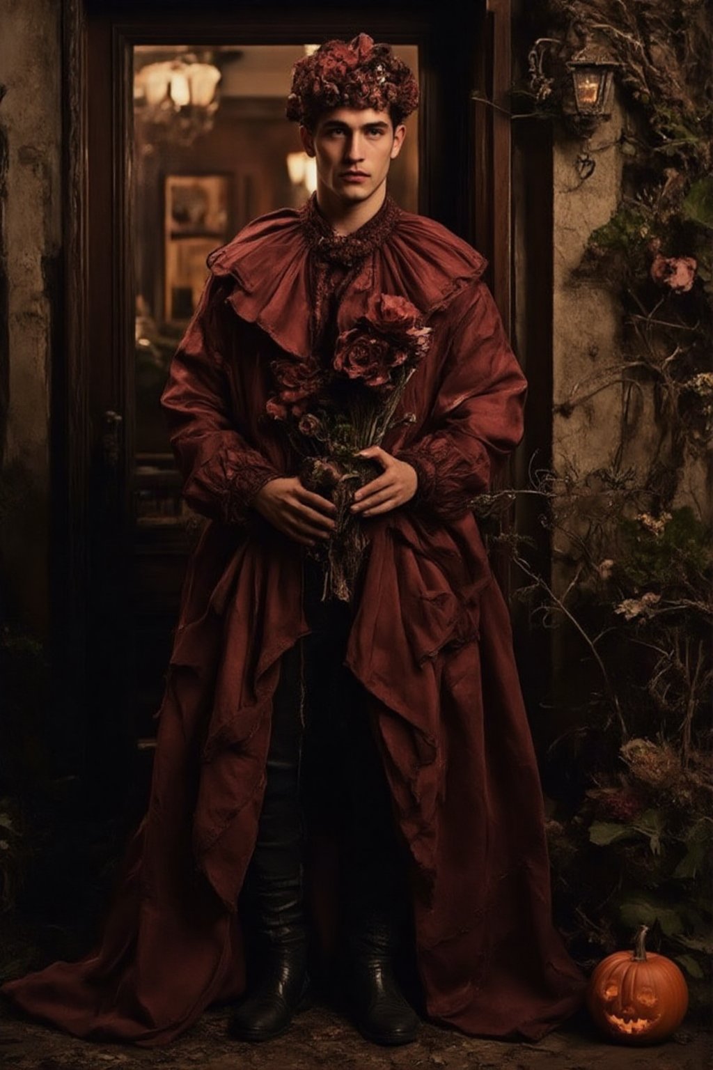 a fashion photography.slightly muscular young man with pale skin elegant pose.full-portrait.distance shot.artistic Fashionable dark-maroon phantom-like blackish-crimson draping haute-couture resembling a dahlia-flower with long petals. Exquisite jewelry headpiece. long wiggly petals. Holding a jack-o-lantern with candies and a bouquet of dark-crimson dahlias atop curvy stems. black leather boots. at the front door of a opulent house with a yard with many rampant dark colored flowers. trick-or-treat. balanced composition. mysterious night. warm light. bokeh.,ABMhauntedVibe,Sparkle Glowing,aidmaabdhr,Grosteque Fairytale Art 