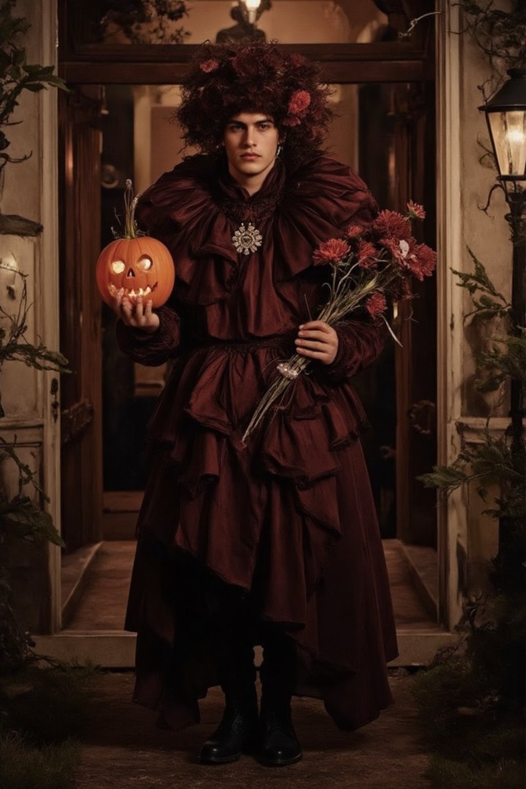 a fashion photography.slightly muscular young man with pale skin elegant pose.full-portrait.distance shot.artistic Fashionable dark-maroon phantom-like blackish-crimson draping haute-couture resembling a dahlia-flower with long petals. Exquisite jewelry headpiece. long wiggly petals. Holding a jack-o-lantern with candies and a bouquet of dark-crimson dahlias atop curvy stems. black leather boots. at the front door of a opulent house with a yard with many rampant dark colored flowers. trick-or-treat. balanced composition. mysterious night. warm light. bokeh.,ABMhauntedVibe,Sparkle Glowing,aidmaabdhr,Grosteque Fairytale Art, dark and eerie atmosphere.