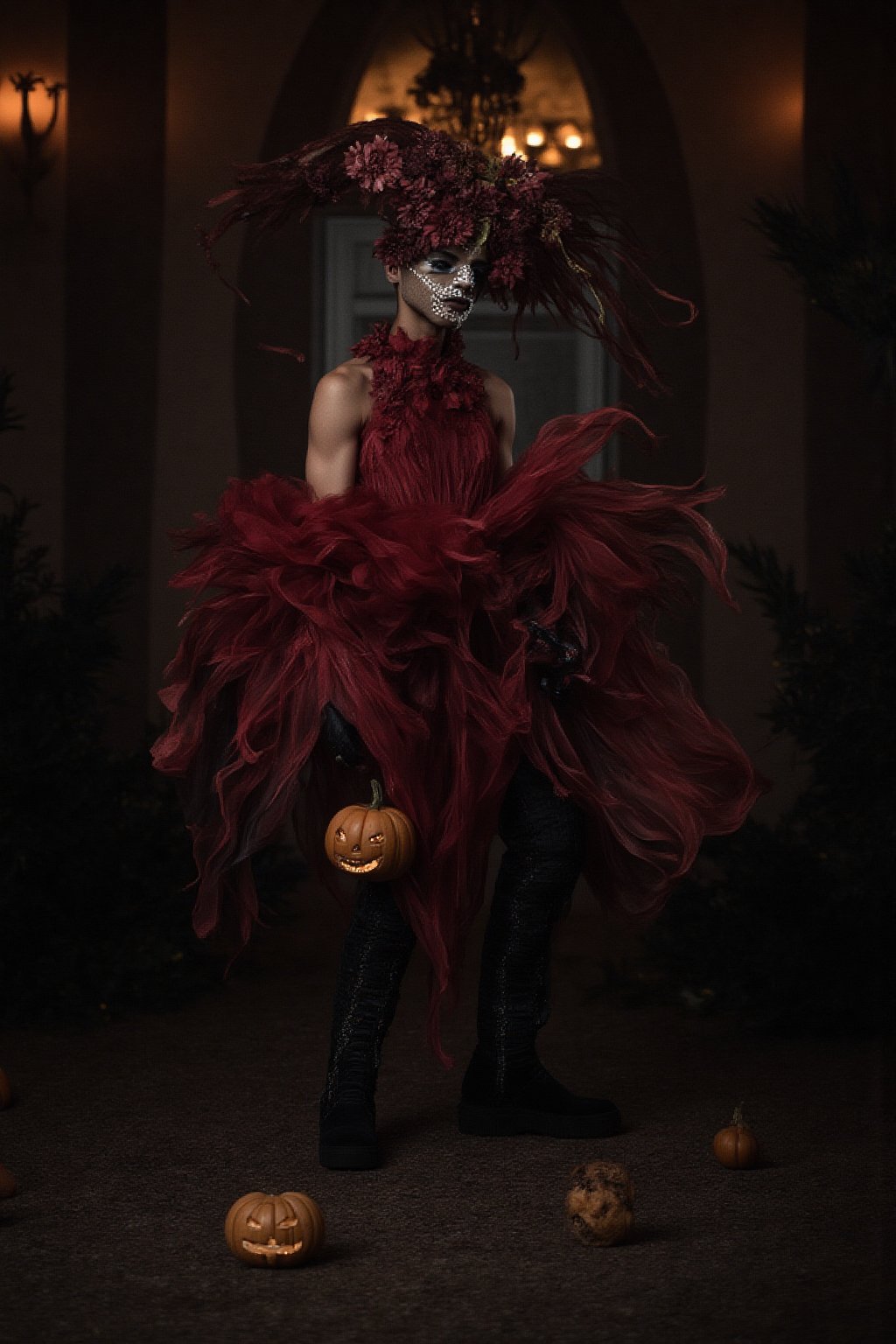 a fashion photography.slightly muscular man.walking.full-portrait.distance shot.artistic Fashionable draping haute-couture resembling a dahlia-flower. Exquisite jewelry headpiece. long wiggly petals. Holding a jack-o-lantern with candies and a bouquet of dark-crimson dahlias atop curvy stems. black leather boots. at the front door with a yard with many dark color flowers. trick-or-treat. balanced composition. mysterious night.  bokeh.,ABMhauntedVibe,Fantasy Regal Artgem