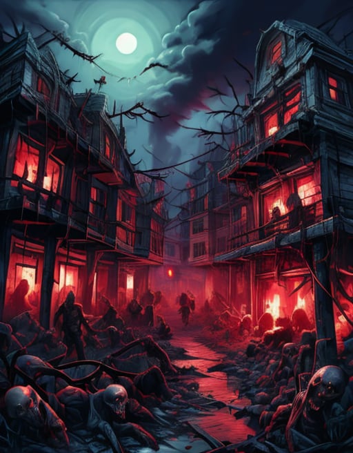 A desolate, post-apocalyptic landscape unfolds as a red-hued full moon hangs low in the darkened sky. Amidst the ruins, a shambling undead figure emerges from the shadows, its decaying flesh illuminated by the eerie lunar glow. The zombie's milky eyes stare blankly ahead, as it lurches forward with an unnatural gait, set against the backdrop of crumbling buildings and twisted metal wreckage.,Zombie,zomb00d,redmoonreindeer,zombie,sakura minamoto