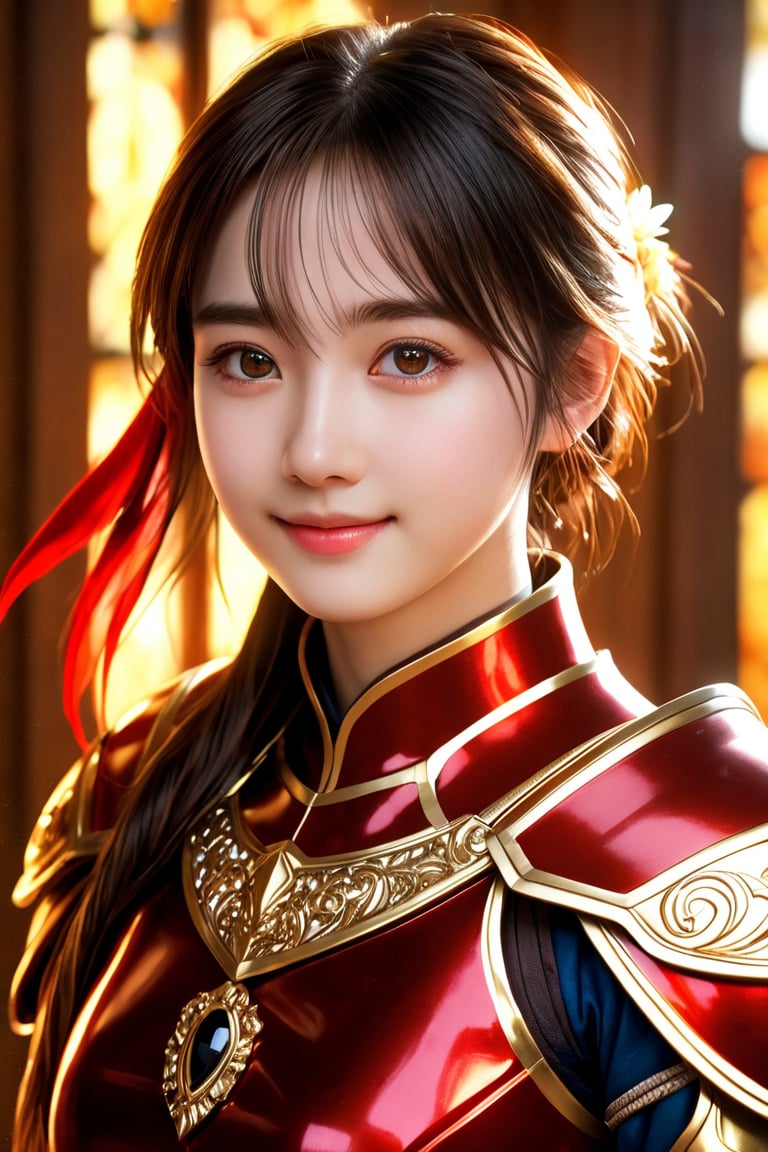 A paladin girl stands proudly in a warm, golden-lit chamber, her entire being encased in vibrant, crimson-red armor that shines like polished gemstones. Her facial features are delicate and adorable, with bright eyes and a gentle smile. The intricate detailing on her armor is exquisite, from the engravings to the tiny, glinting accents. The overall effect is one of sweet, wholesome charm , face lighting, bright backlight, high resolution, best quality, Photos, 4k, (Realistic:1.2),1girl, smile, beautiful girl, SIMPLEPOSITIVEXLV2, (best quality,4k,8k,highres,masterpiece:1.2), ultra-detailed, studio lighting, ultra-fine painting, sharp focus, physically-based rendering, extreme detail description, professional, vivid colors, fantasy, black eyes, xxmix_girl,More Reasonable Details