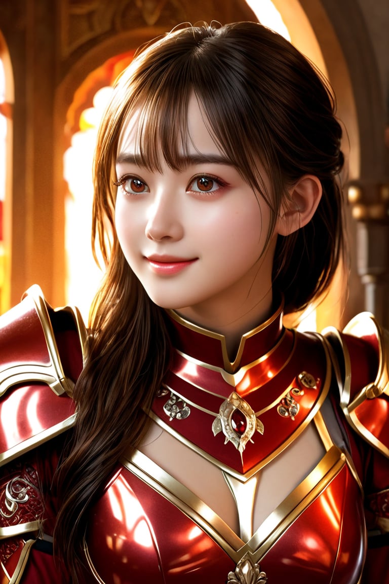 A paladin girl stands proudly in a warm, golden-lit chamber, her entire being encased in vibrant, crimson-red armor that shines like polished gemstones. Her facial features are delicate and adorable, with bright eyes and a gentle smile. The intricate detailing on her armor is exquisite, from the engravings to the tiny, glinting accents. The overall effect is one of sweet, wholesome charm , face lighting, bright backlight, high resolution, best quality, Photos, 4k, (Realistic:1.2),1girl, smile, beautiful girl, SIMPLEPOSITIVEXLV2, (best quality,4k,8k,highres,masterpiece:1.2), ultra-detailed, studio lighting, ultra-fine painting, sharp focus, physically-based rendering, extreme detail description, professional, vivid colors, fantasy, black eyes, xxmix_girl,More Reasonable Details