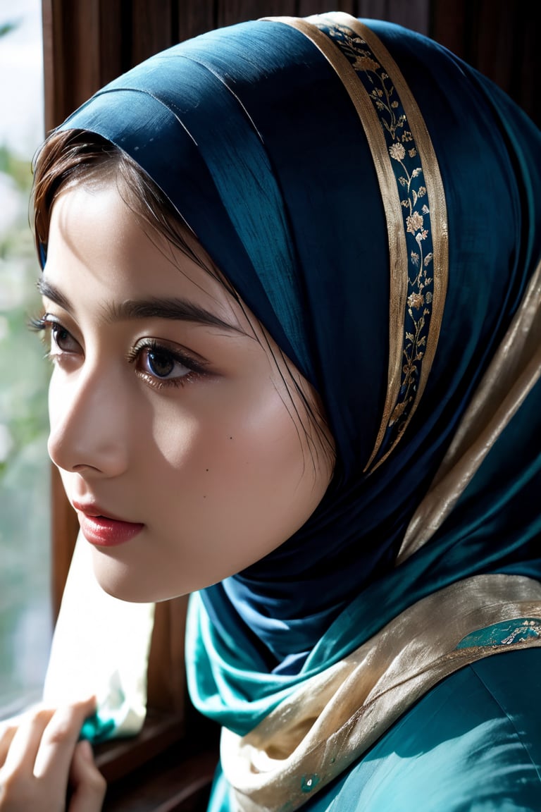 there is a woman wearing a hijab looking out a window, hijab, veiled, black hijab, veiled face, beautiful delicate face, very beautiful girl, lovely delicate face, pale-skinned persian girl, beautiful korean woman, beautiful, high quality portrait, portait photo profile picture, traditional beauty, very extremely beautiful, muslim, beautifully, beautiful girl, SIMPLEPOSITIVEXLV2, (best quality,4k,8k,highres,masterpiece:1.2), ultra-detailed, studio lighting, ultra-fine painting, sharp focus, physically-based rendering, extreme detail description, professional, vivid colors, fantasy, black eyes, xxmix_girl,More Reasonable Details