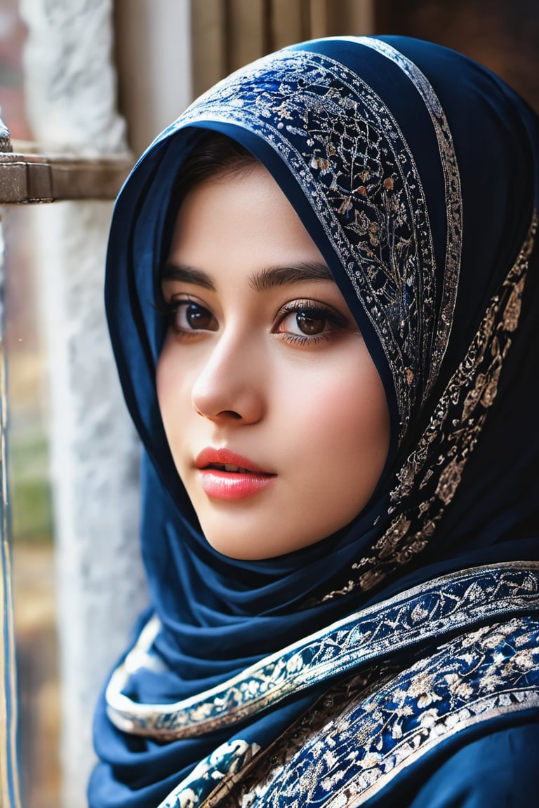 there is a woman wearing a hijab looking out a window, hijab, veiled, black hijab, veiled face, beautiful delicate face, very beautiful girl, lovely delicate face, pale-skinned persian girl, beautiful korean woman, beautiful, high quality portrait, portait photo profile picture, traditional beauty, very extremely beautiful, muslim, beautifully, beautiful girl, SIMPLEPOSITIVEXLV2, (best quality,4k,8k,highres,masterpiece:1.2), ultra-detailed, studio lighting, ultra-fine painting, sharp focus, physically-based rendering, extreme detail description, professional, vivid colors, fantasy, black eyes, xxmix_girl,More Reasonable Details