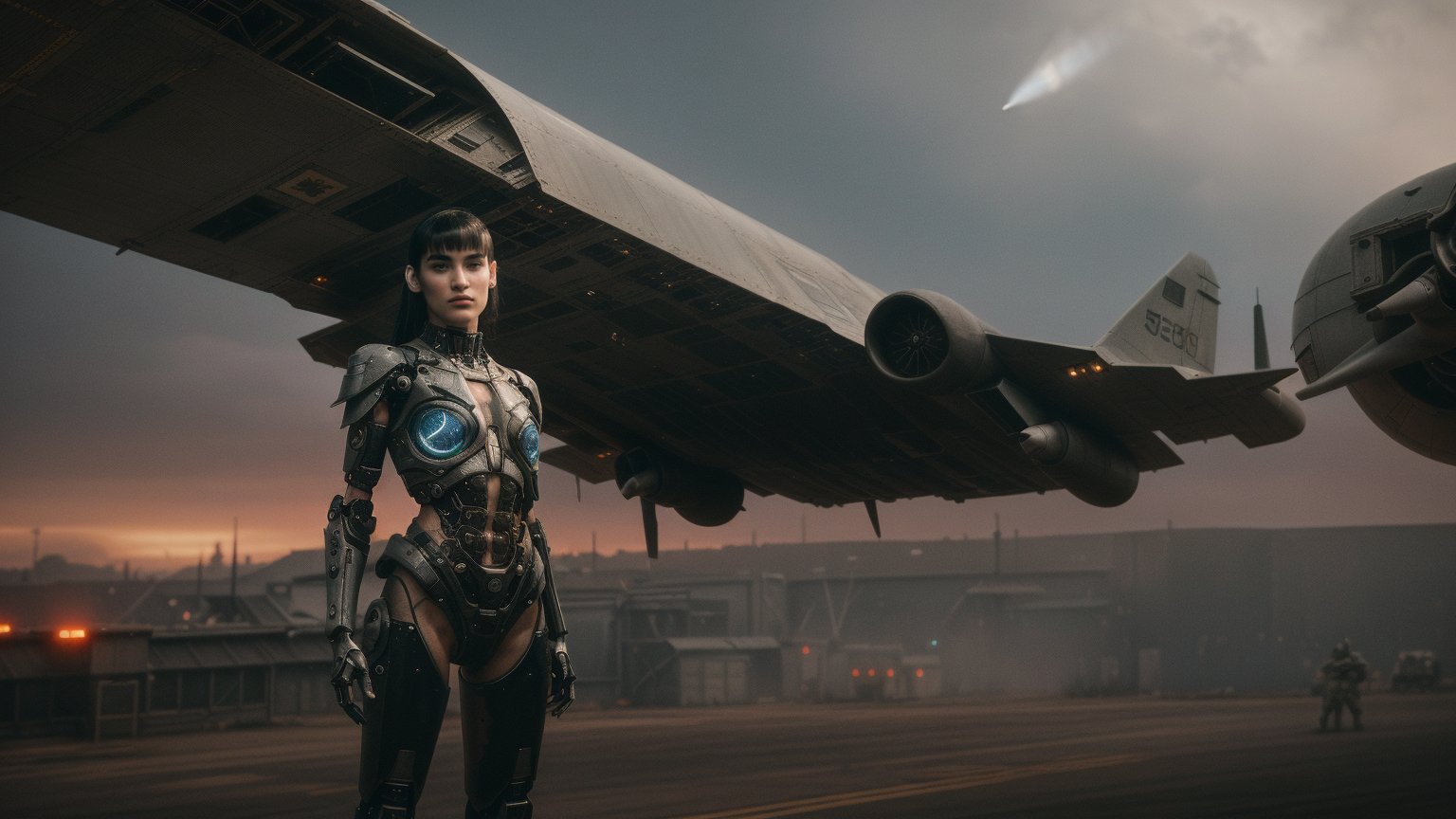 (((medium shot of futuristic android Sofia Boutella with grunge mechanical body parts dressed in a glossy black uniform descends down a platform from the compartment of a military airplane with combat mecha robots))), airplane, ((morning sunny cyberpunk wasteland background)), looking to the side, high detail, 8k, masterpiece, realistic photo, sci-fi, fantastical, intricate detail, complementary colors, sci-fi concept art, (in the style of Hans Heysen and Carne Griffiths), (Neil Blomkamp style), shot on Canon EOS 5D Mark IV DSLR, 85mm lens, long exposure time, f/8, ISO 100, shutter speed 1/125, award winning photograph, facing camera, perfect contrast, cinematic style