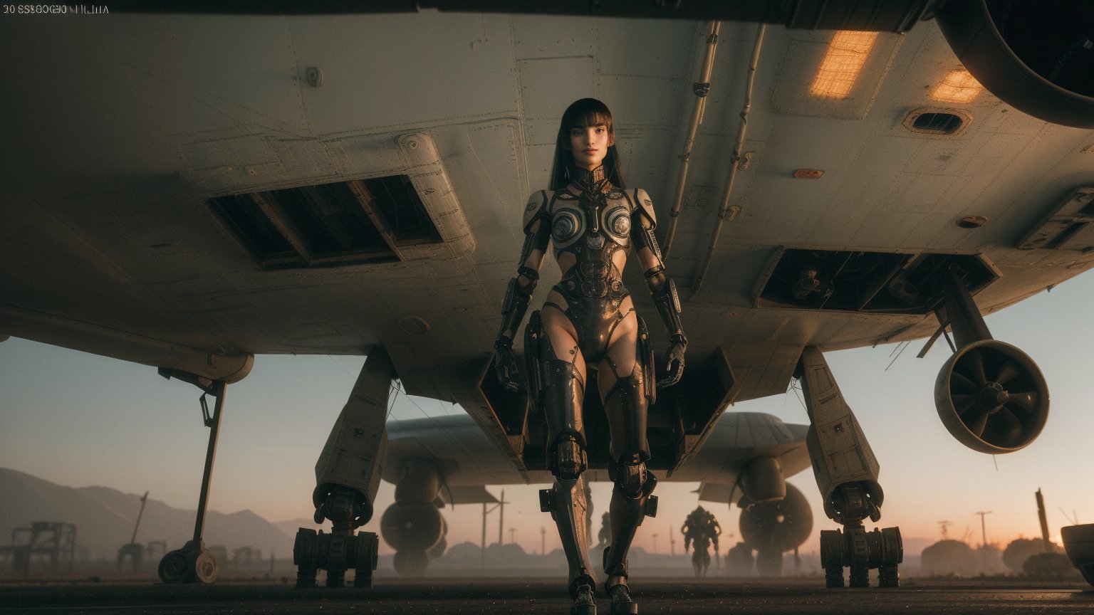 (((medium shot of futuristic android Sofia Boutella with grunge mechanical body parts dressed in a glossy black uniform descends down a platform from the compartment of a military airplane with combat mecha robots))), ((morning sunny cyberpunk wasteland background)), looking at viewer, high detail, 8k, masterpiece, realistic photo, sci-fi, fantastical, intricate detail, complementary colors, sci-fi concept art, (in the style of Hans Heysen and Carne Griffiths), (Neil Blomkamp style), shot on Canon EOS 5D Mark IV DSLR, 85mm lens, long exposure time, f/8, ISO 100, shutter speed 1/125, award winning photograph, facing camera, perfect contrast, cinematic style