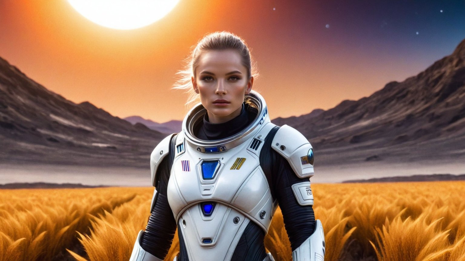 landscape_view, Close-up shot of an impressive astronaut girl standing in the middle of a landscape of lush gold and silver grass on an extraterrestrial planet. She wears a sleek white spacesuit with no helmet and her bright blue eyes stare at the horizon. ((she holds a fluttering galactic flag with a bold, black text:1.6)),  ((text "8K LIKES" text:2.0)). Background of a crimson sky under the soft orange light of ((two alien suns:1.5)), tilted head. ((ultra 8k,HDR, casual photo, photorealistic))