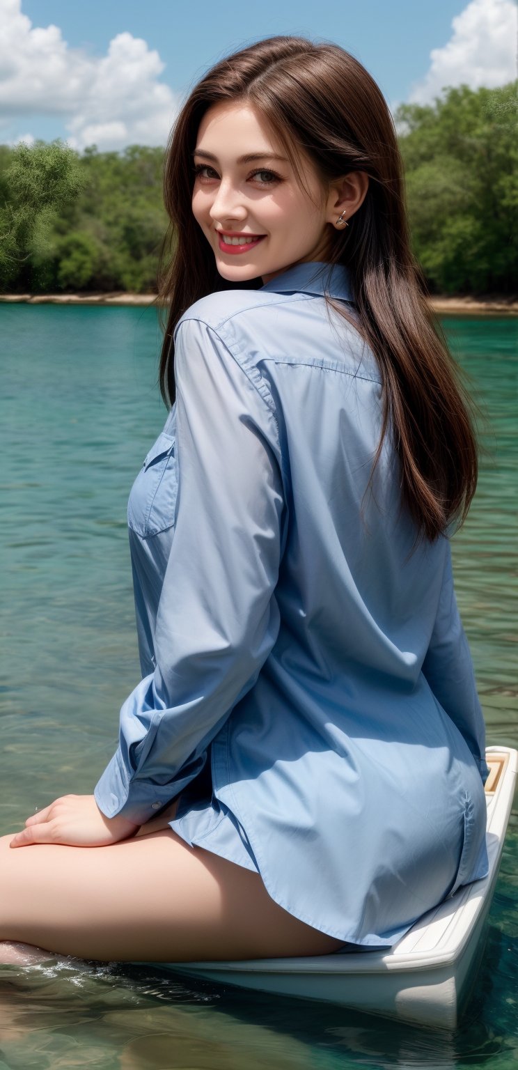 Generate hyper realistic image of a woman with long, flowing brown hair cascading down her back, looking directly at the viewer with a friendly smile. She is seated on the deck of a boat, wearing a blue button-down shirt that complements her look. Her earrings add a touch of detail to her outfit. The boat is surrounded by calm water, and a large rock formation can be seen in the distance. The sky is a light blue with no clouds