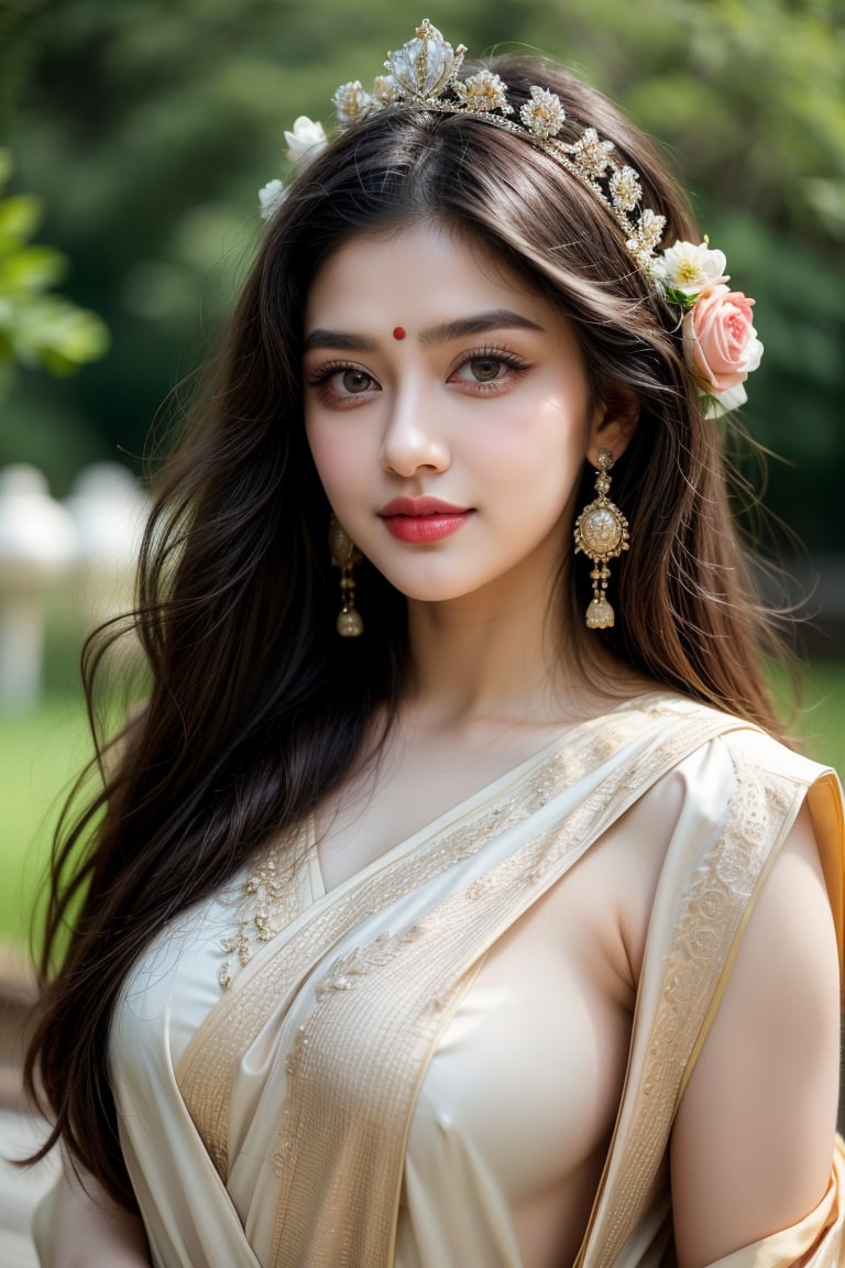 Beautiful young queen, long_hair, clear facial features, (in beautiful traditional Indian dress, sunny day, botanical garden, realistic, stunning, beauty, hot, sensual, luxury, royal, elegant 