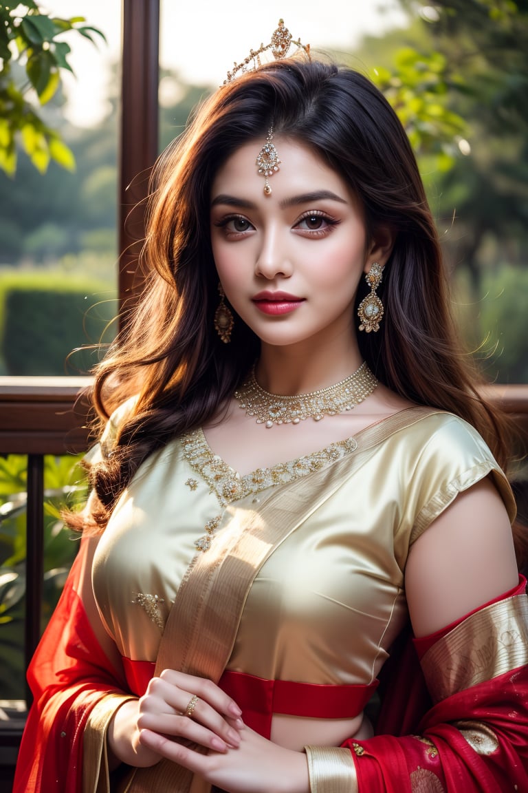 Beautiful young queen, long_hair, clear facial features, (in beautiful traditional Indian dress, sunny day, botanical garden, realistic, stunning, beauty, hot, sensual, luxury, royal, elegant 