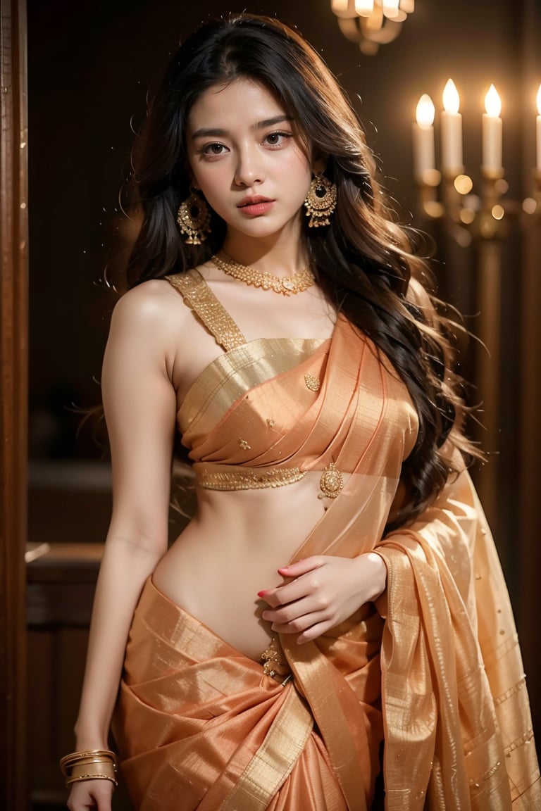 beautiful sexy young  indian queen, 30 year old, elegant, attractive ,long black hair, very detailed and sharp facial features and expressions, very detailed and shinning glossy eyes, very detailed full glossy lips, very detailed shinning hairs, detailed symmetrical perfect face, very detailed surrounding, perfect body anatomy, . Wearing sexy royal saree, her chest subtly emphasized, exuding confidence and grace, adorned with exquisite jewelry including dangling earrings, tiny crown , intricate paper cutting with layered textures and delicate patterns, --ar 16:9 --v 5,big breasts , armour,1 Woman,nude,ootd,Enhance,T-90M,naked,BreastPit, ,vendi,HXARMOUR,latex pattern, saree,Nice legs and hot body,Sareewithoutblouse,OnlySaree