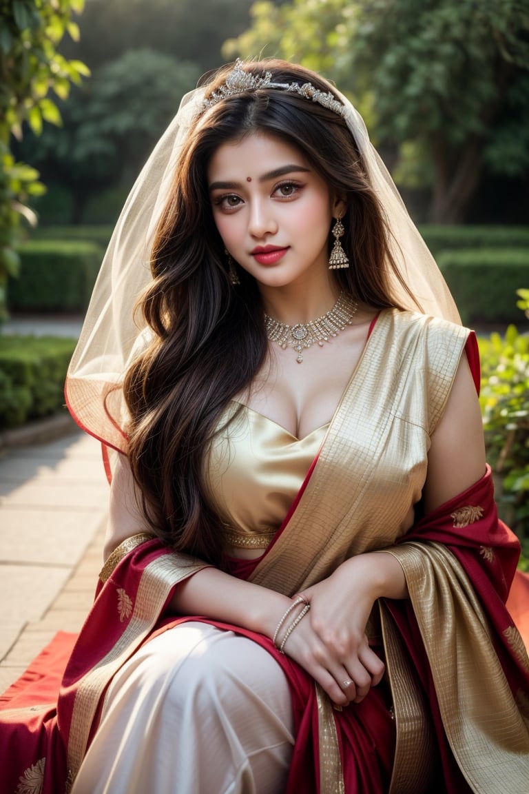 Beautiful young queen, long_hair, clear facial features, (in beautiful traditional Indian dress, sunny day, botanical garden, realistic, stunning, beauty, hot, sensual, luxury, royal, elegant 