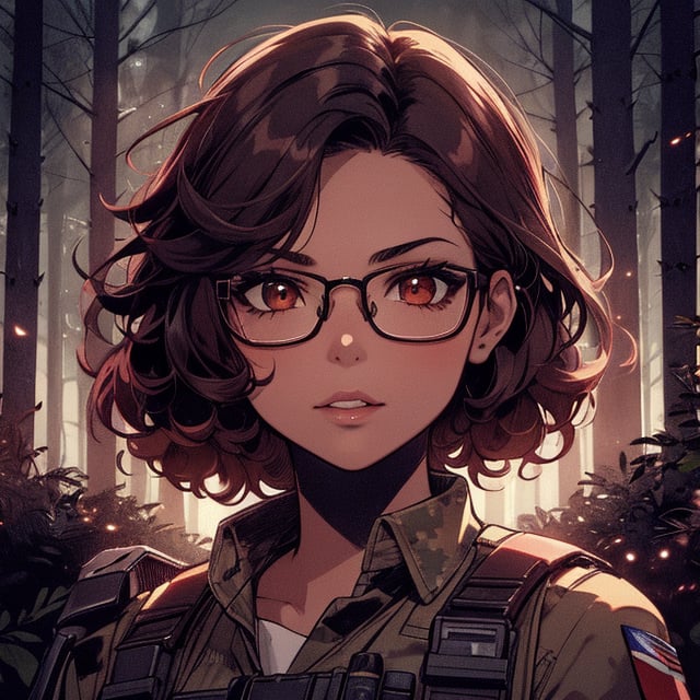 score_7_up, score_8_up, score_9, high quality, high detail, high resolution, masterpiece, illustration, cell shaded art, (latin american, Latina face, (1girl)), tan skin, dark brown ((curly)) shoulder length hair, glasses, (sci-fi contract mercenary, modern Military setting), detailed dark forest background, soft light, mid shot, fine details, vibrant colors, exquisite lighting and composition, 8k, comic cartoon