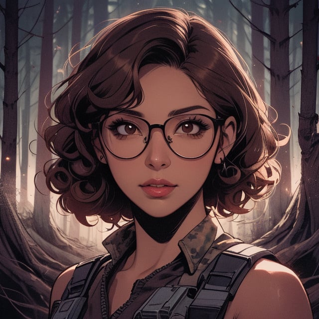 score_7_up, score_8_up, score_9, high quality, high detail, high resolution, masterpiece, illustration, cell shaded art, (latin american, Latina face, (1girl)), tan skin, dark brown ((curly)) shoulder length hair, glasses, (sci-fi contract mercenary, modern Military setting), detailed dark forest background, soft light, mid shot, fine details, vibrant colors, exquisite lighting and composition, 8k, comic cartoon