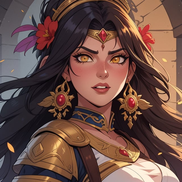 High quality, masterpiece, illustration, warrior empress, young latin woman, golden eyes, villain of a medieval fantasy adventure story, cell shaded art, detailed, soft light, vibrant colors, medium shot,score_7, score_8, score_9, score_8_up, nodf_lora, Color Booster,Style 