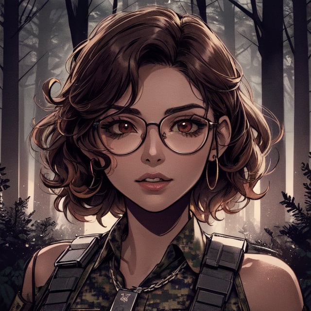 score_7_up, score_8_up, score_9, high quality, high detail, high resolution, masterpiece, illustration, cell shaded art, (latin american, Latina face, (1girl)), tan skin, dark brown ((curly)) shoulder length hair, glasses, (sci-fi contract mercenary, modern Military setting), detailed dark forest background, soft light, mid shot, fine details, vibrant colors, exquisite lighting and composition, 8k, comic cartoon