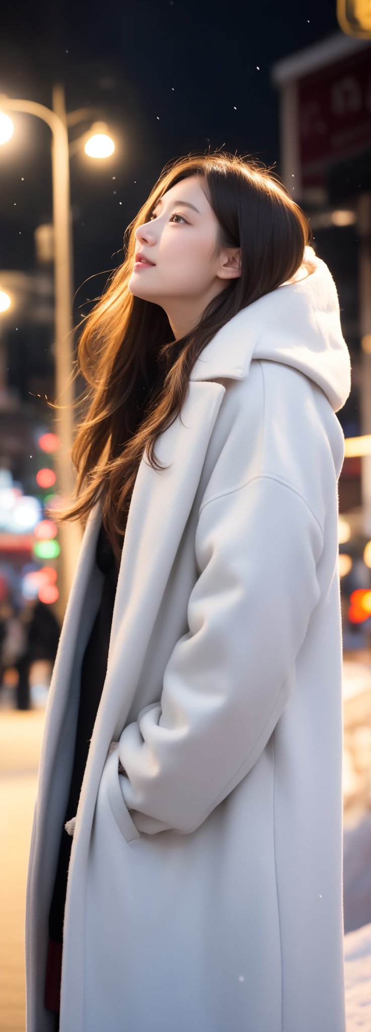 (Best quality, 8k, 32k, Masterpiece, real life, photorealism, highres, UHD:1.2)
cute girl, long hair, fashion winter coat, big coat, Wear a coat over a hoodie, standing looking up snow is falling, winter night city, snowing, 4K, ultra HD, RAW photo, realistic, masterpiece, best quality, beautiful skin, white skin, 50mm, medium shot, outdoor, half body, photography, Portrait, ,chinatsumura, high fashion, snowflakes, dynamic light, warm lights, christmas lights, festival atmosphere