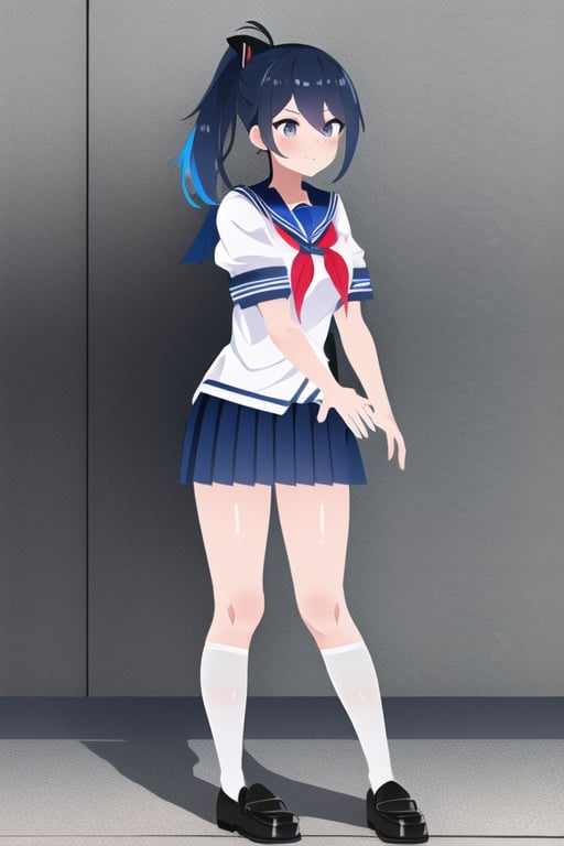 1girl, solo, blue hair, ponytail, black eyes, looking at viewer, skirt, shirt, school uniform, standing, full body, white shirt, short sleeves, pleated skirt, shoes, serafuku, black socks, sailor collar, black footwear, blue skirt, neckerchief, kneehighs, white socks, blue sailor collar, loafers, red neckerchief,Yandere Simulator 