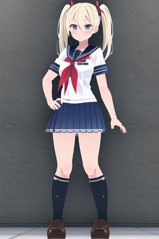 1girl, solo, yellow hair, twintail, black eyes, looking at viewer, skirt, shirt, school uniform, standing, full body, white shirt, short sleeves, pleated skirt, shoes, serafuku, black socks, sailor collar, black footwear, blue skirt, neckerchief, kneehighs, white socks, blue sailor collar, loafers, red neckerchief,Yandere Simulator 