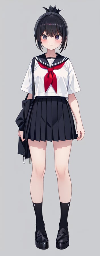 1girl, solo, black hair, ponytail, black eyes, looking at viewer, skirt, shirt, school uniform, standing, full body, white shirt, short sleeves, pleated skirt, shoes, serafuku, black socks, sailor collar, black footwear, blue skirt, neckerchief, kneehighs, white socks, blue sailor collar, loafers, red neckerchief,