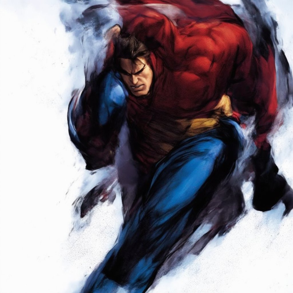 douqi,Superman stands tall, fists clenched, in a dynamic pose as if ready to unleash a powerful blow directly at the viewer. His iconic red and blue suit glistens under the intense lighting, which casts dramatic shadows on his rugged features. A solid color background of deep blue or crimson provides a striking contrast to Superman's bold stance, drawing attention to the sheer force he's about to unleash with a super-powered punch hurtling towards the camera.,douqi