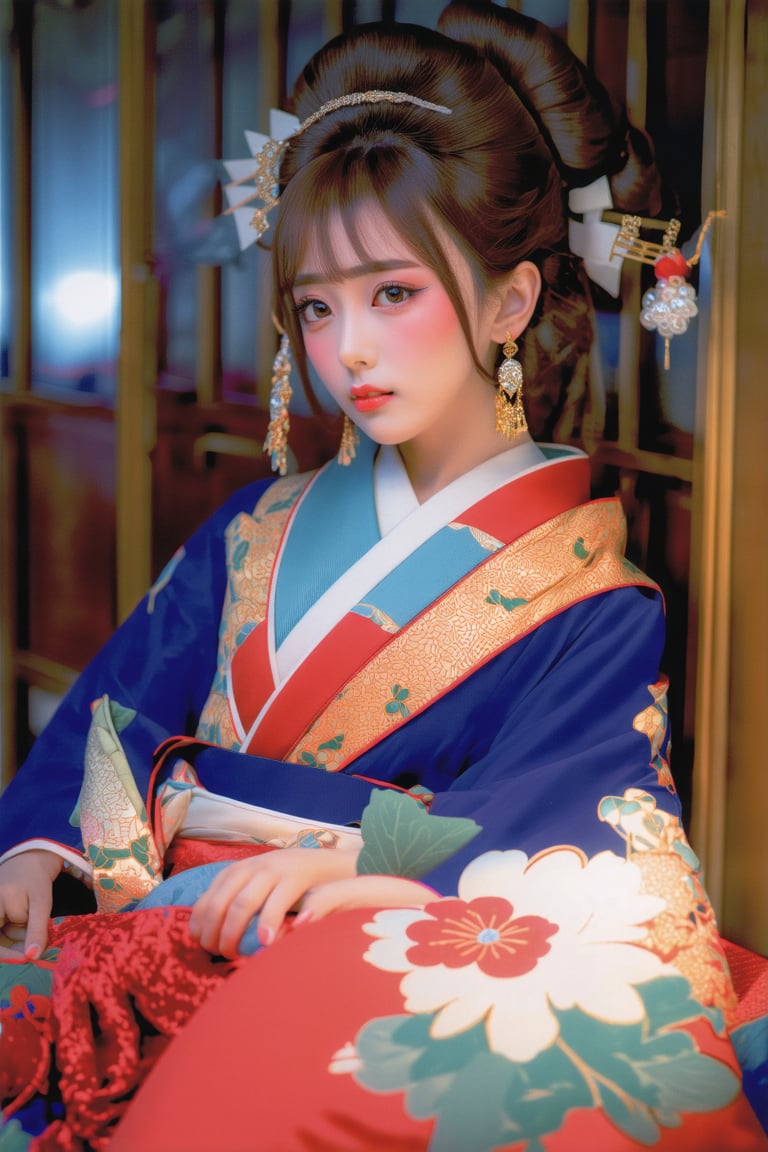 huakui, a Japanese girl, realistic,portrait photography ,1girl, solo, jewelry, brown hair, looking at viewer, pillow, hair ornament, earrings, brown eyes, realistic, japanese clothes, kimono, indoors, red lips, hair stick, upper body