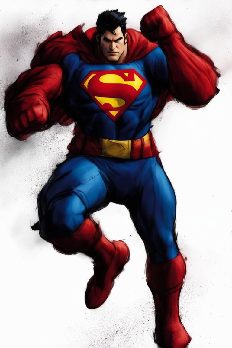 douqi,Superman stands tall, fists clenched, in a dynamic pose as if ready to unleash a powerful blow directly at the viewer. His iconic red and blue suit glistens under the intense lighting, which casts dramatic shadows on his rugged features. A solid color background of deep blue or crimson provides a striking contrast to Superman's bold stance, drawing attention to the sheer force he's about to unleash with a super-powered punch hurtling towards the camera.,douqi