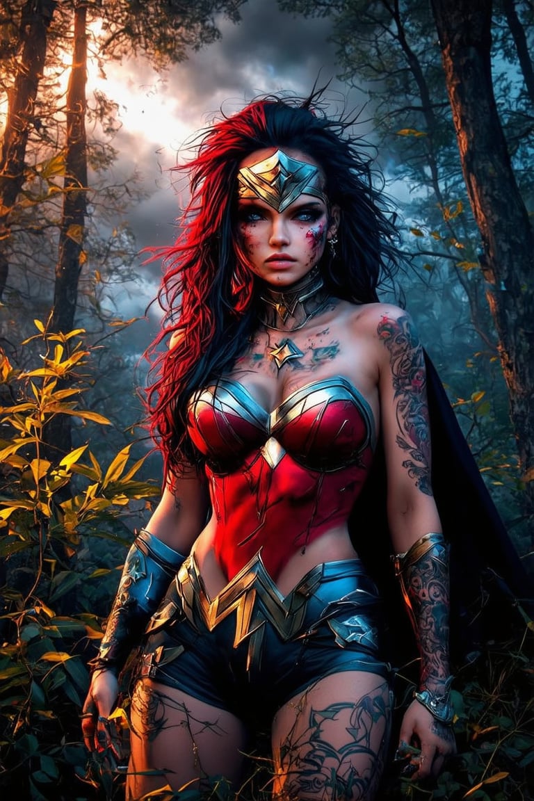 punkgg,Wonder Woman stands tall in a lush forest, her iconic red and blue costume glowing in the warm sunlight that filters through the treetops. Her long hair flows wildly in every direction, matching the chaos of her surroundings. A fierce storm brews behind her, with lightning illuminating the dark clouds and powerful gusts whipping her cape into a frenzy.,jewerlry,piercing,portrait,make_up,tattoo,punk