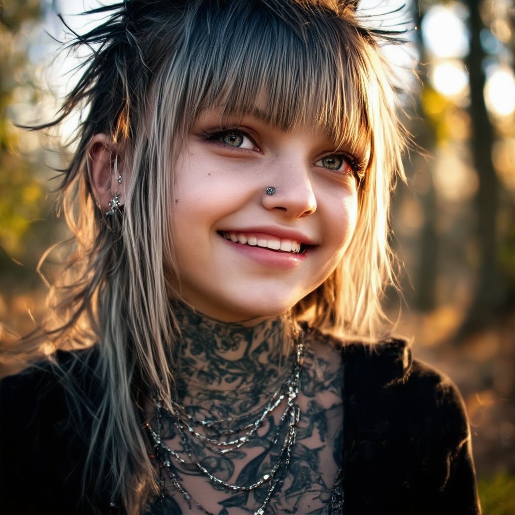 punkgg,A young girl's warm smile illuminates the frame as she gazes directly into the lens, with a soft focus on her face and a blurred wooded background. The golden light of late afternoon sun filters through the trees, casting dappled shadows on the forest floor. Her bright eyes sparkle with joy, set against a subtle bokeh effect created by the surrounding foliage,jewerlry,piercing,tattoo,portrait,make_up,punk